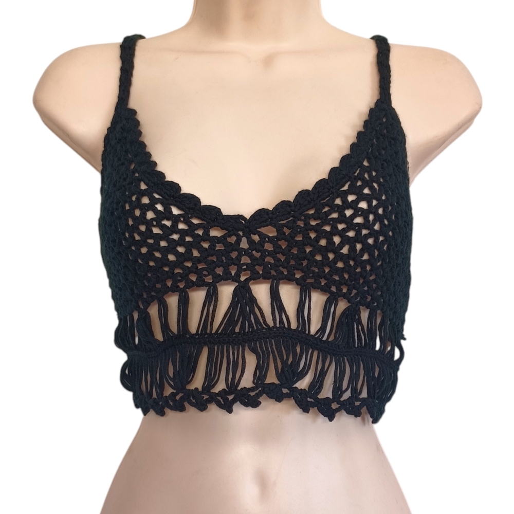 LUNA IVY Crochet Knit Black Boho Cropped Sleeveless Stretchy Top S/M NWT